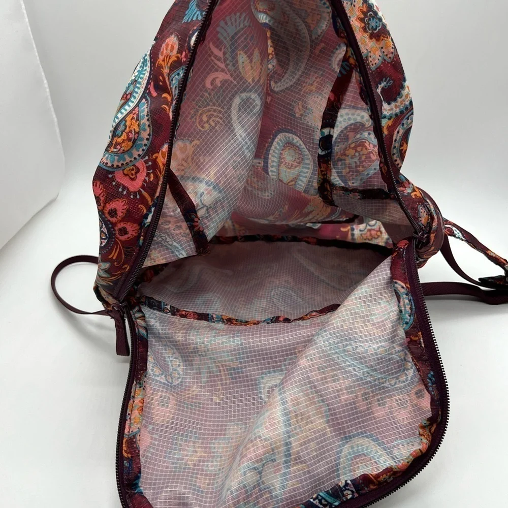 VERA BRADLEY RIPSTOP PACKABLE BACKPACK BURGUNDY & TEAL PAISLEY FLORAL